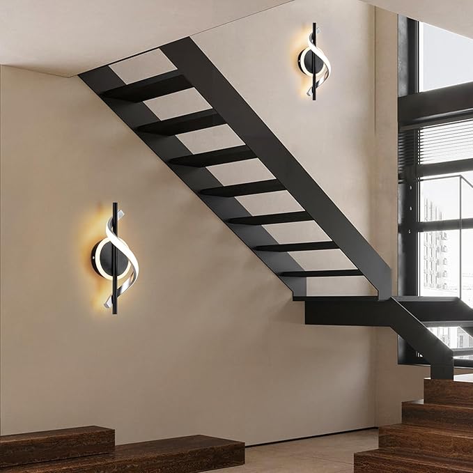 LED Wall Sconces Indoor, 12W LED Wall Mount Lights, Modern Spiral Wall Lamp, 3000K Warm White LED Light Fixture for Stairs Living Room Bedroom Aisle Hallway (Warm White, Black)