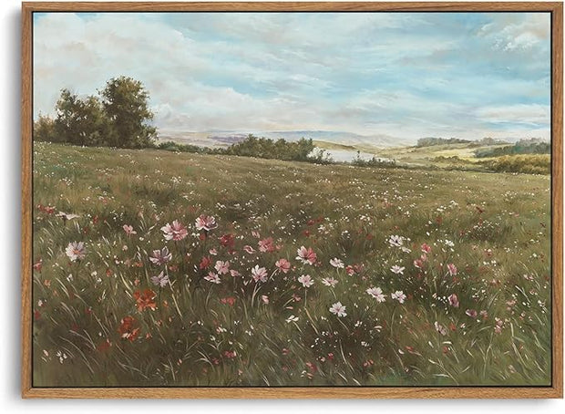 OIQArtOIQ Vintage Landscape Framed Wall Art Summer Countryside Wildflower Canvas Art Prints Farmhouse Cottagecore Pictures Wall Decor Rustic Meadow Paintings Artwork For Kitchen Bedroom Living Room