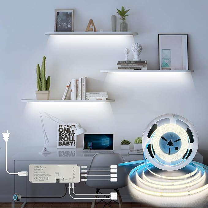 HAMRVL Shelf Lights 12V COB LED Strip Lights, 16.4ft 6000k Plug-in DIY Cut to Size White LED Tape Lights, Dimmable Under Cabinet Lighting for Book Shelf, Display Case, Cabinets, Counter, Gun Safe
