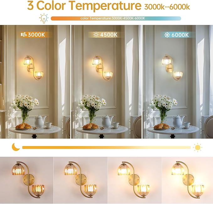 Battery Operated Wall Sconce, 2-Lights Vinatge Brass Wall Lighting Up and Down with Amber Tulip Shade for Living Room, Bedroom