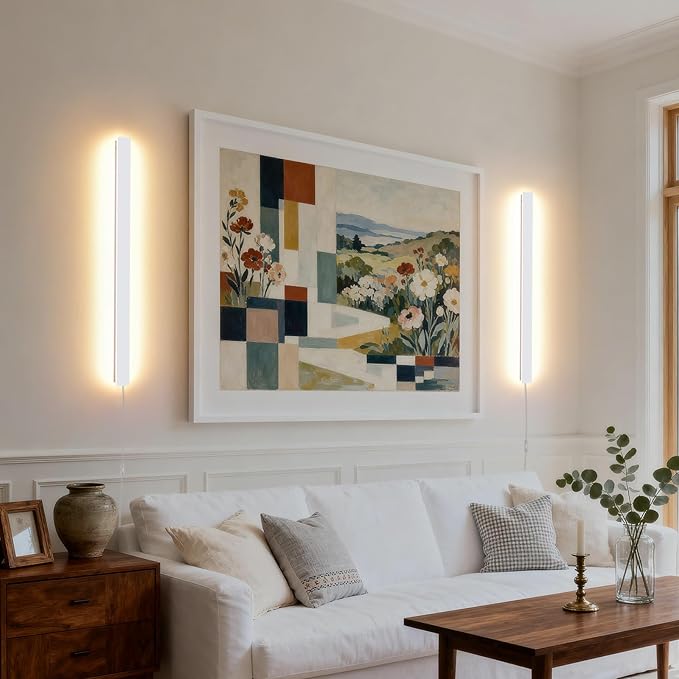 Modern Plug in Wall Lights, 31.4 inch Frosted White LED Long Wall Sconce, 16W Warm White 3000K Acrylic Indoor Wall lamp,with 59" Plug Cable for Bedroom, Living Room, Hallway