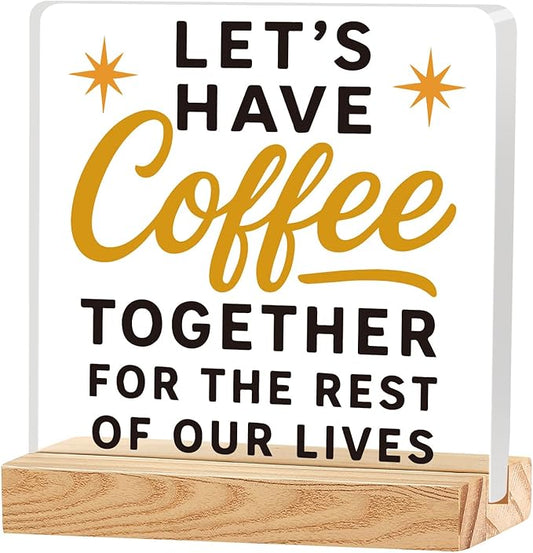 Rustic Valentines Desk Decor for Coffee Bar Porch Tiered Tray, Happy Valentine's Day Home Office Table Sign for Shelf Party, Let's Have Coffee Together