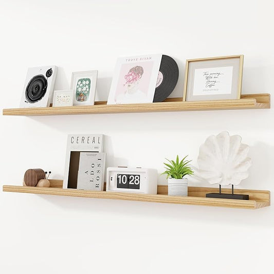 RICHFOCUS Floating Shelves for Wall, 48 inch Solid Wood Picture Ledge Shelf for Wall Storage, Nursery Book Shelves with Lip for Living Room Bathroom Bedroom Kitchen, Set of 2, Natural