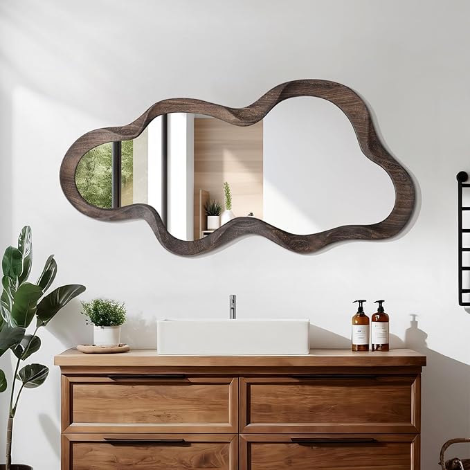 Asymmetrical Cloud Mirror - Irregular Wood Frame, Modern Artistic Wall Mirror, Decorative for Bathroom, Living Room, Bedroom, Entryway & Hallway - 90x50cm
