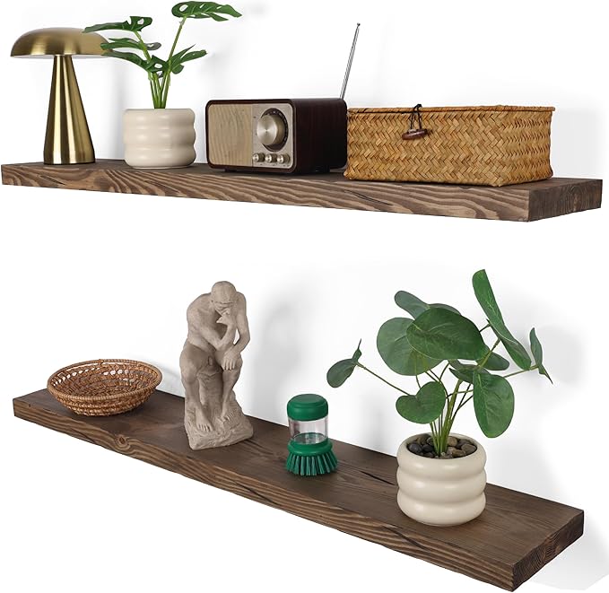 BGMG Floating Shelves 36 inch Long, Distressed Wide Rustic Wooden Wall Shelves for Bathroom Living Room Bedroom Kitchen Farmhouse Set of 2-36x6.7x1.25 inch-Distressed Walnut