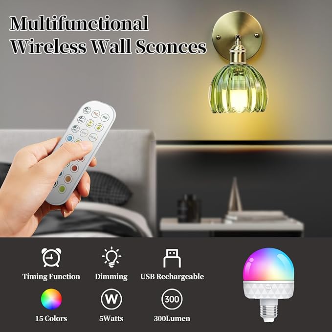 GEEZO Vintage Battery Operated Wall Sconce, with Rechargeable Battery Powered Wall Light with Remote Control for Bedside Bedroom