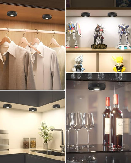 WILLED Under Cabinet Lighting Wireless,Rechargeable Puck Lights with Remote Control,Battery Tap Light Stick On,3 Colors and Timer Function LED Lights for Kitchen,Cabinet,Counter,Closet,Shelf,6 Pack