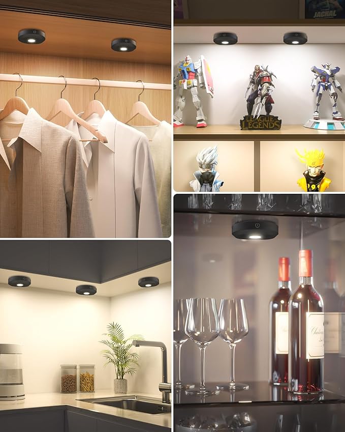WILLED Under Cabinet Lighting Wireless,Rechargeable Puck Lights with Remote Control,Battery Tap Light Stick On,3 Colors and Timer Function LED Lights for Kitchen,Cabinet,Counter,Closet,Shelf,6 Pack
