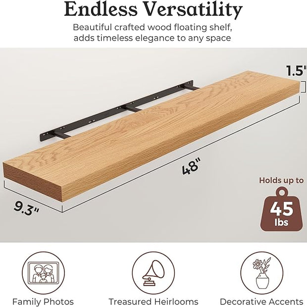 Floating Shelves for Wall, 9.3" Deep Wall Mounted Wood Shelves for Bathroom, Bedroom, Living Room, Kitchen, Hanging Shelf for Books/Storage/Room Decor (Oak, 48")