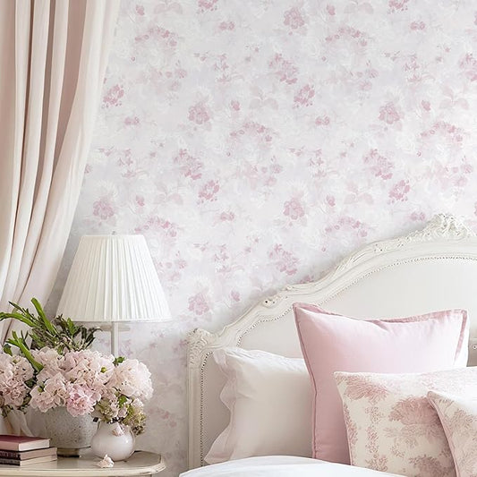Dimoon 197"x17.3" Pink Wallpaper Floral Contact Paper Peel and Stick Wallpaper White Vintage French Country Renter Friendly Bathroom Boho Flower Removable Wall Paper Kitchen Self Adhesive Vinyl Roll