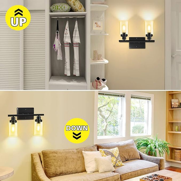 Ascher 2-Light Wall Sconces, Modern Vanity Light Fixture Black Finish, Wall Light with Clear Glass Shade for Mirror Hallway Bedroom, E26 Base (Bulbs Not Included)