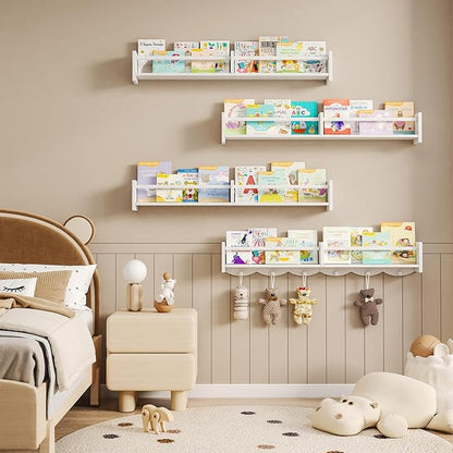 34Inch Nursery Bookshelves,Set of 4,Wall Floating Shelf Kids Coat Rack with 6Hooks,Hanging Book Shelf for Baby Nursery Room Décor ，Patent Number: 29958098(White, 34)