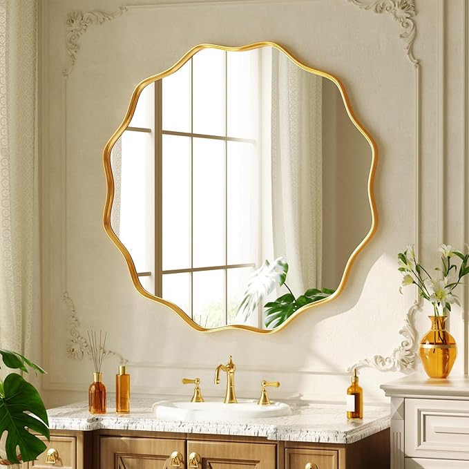 24 Inch Scalloped Round Wall Mirror, Gold Wavy Edge Frame Circle Mirror for Bathroom, Bedroom, Entryway, Living Room for Wall Decor