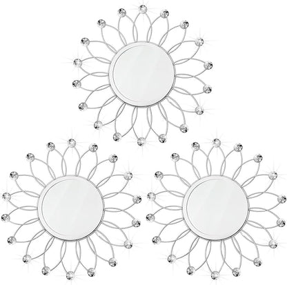 3 Pack Metal Mirrors for Wall Sunburst Wall Mirrors Home Décor Decorative Hanging Wall Art for Living Room Bedroom Entryway (Silver Crystal, Flowers)