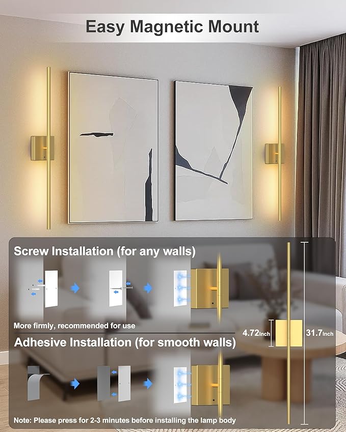 Battery Operated Wall Sconce Set of Two: Wireless Rechargeable Wall Lights with Touch and Remote Control, 360°Rotatable 4CCT Dimmable Cordless Sconces Decor Gold Scone for TV Wall Bedroom Hallway