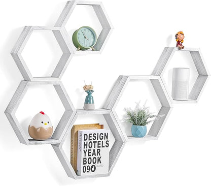 YBING Hexagon Floating Shelves Wall Mounted Set of 6 Honeycomb Shelves Wood Hexagonal Storage Hanging Shelves Farmhouse Wall Decor Floating Shelves for Bedroom Living Room Grey-White