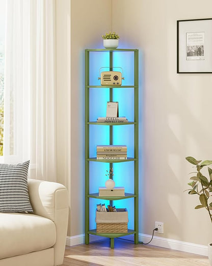 TUTOTAK Corner Shelf with LED Light, 6-Tier Corner Bookshelf for Small Space, Narrow Display Corner Shelf Stand with Storage Rack, for Living Room, Bedroom, Olive Green BS08BOG006L