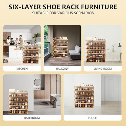 6-Tier Bamboo Shoe Rack Organizer - Freestanding for Entryway, Hallway, Wardrobe - Holds 24 Pairs of Shoes