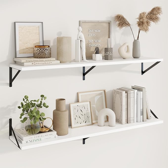 Axeman 48 Inch Floating Shelves | 10 Inch Deep White Wall Shelves Set of 2 | 48
