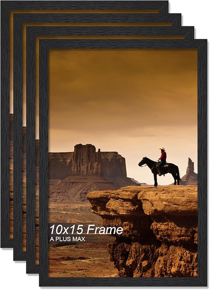 A PLUS MAX 10x15 Picture Frame Set of 4, Black Engineered Wood Frame for 10 x 15 Inch Picture Poster Photo, Light Weight 10 by 15 Frame with Wood-grain for Wall - 4 Pack/Black/10 x15