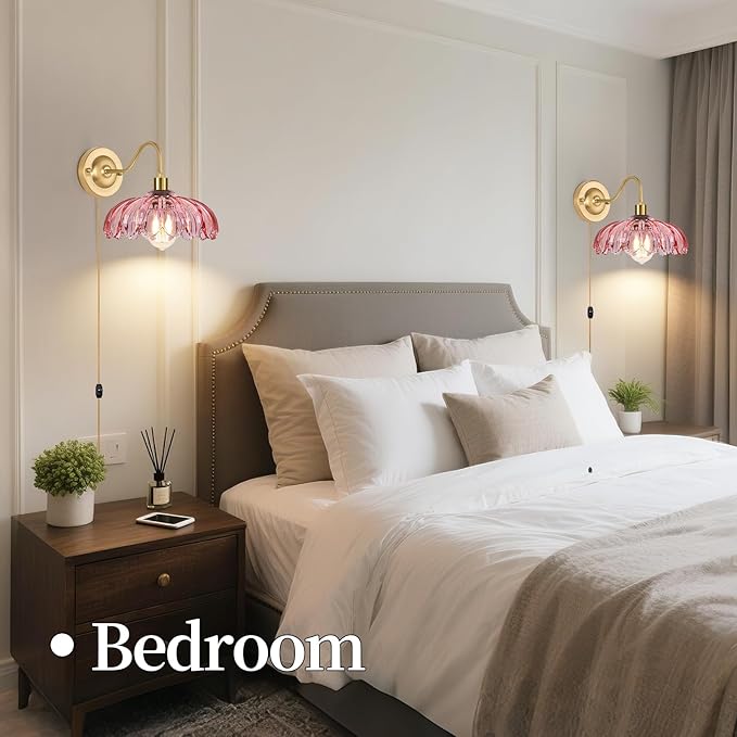 Vintage Plug in Wall Sconces Set of Two, Glass Wall Sconces Lamps with Flower Lampshade & Dimmable Plug in Cord, Dimmable Sconces Wall Decor Set of 2 Plug in Wall Lights Sconces for Bedroom
