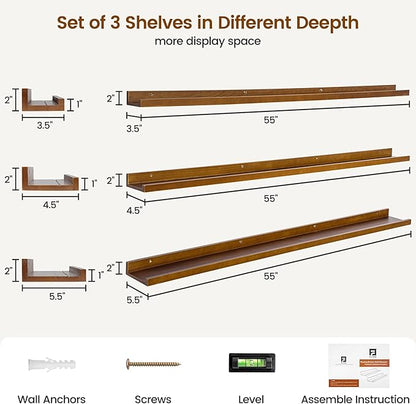 Picture Ledge Wall Shelves - Set of 3, 56 inches Width, Solid Pine Wood Rustic Floating Ledge Shelves for Kids' Room, Bedroom, Kitchen, Bathroom, Walnut