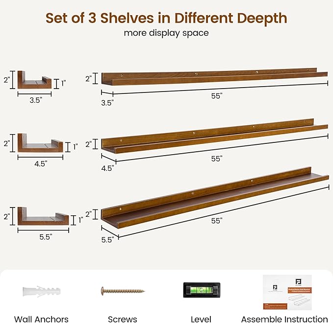 Picture Ledge Wall Shelves - Set of 3, 56 inches Width, Solid Pine Wood Rustic Floating Ledge Shelves for Kids' Room, Bedroom, Kitchen, Bathroom, Walnut