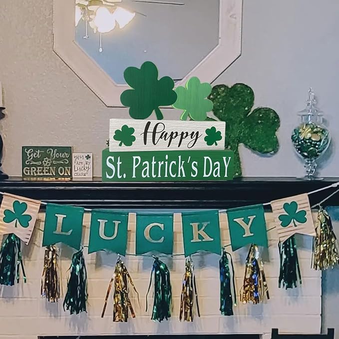 Happy St. Patrick's Day Table Decor Shamrock Home Office Wooden Table Top Decor Centerpiece Decorations for Tiered Trays Shelf Coffee Bar Mantle Windowsill
