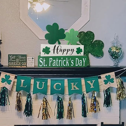 Happy St. Patrick's Day Table Decor Shamrock Home Office Wooden Table Top Decor Centerpiece Decorations for Tiered Trays Shelf Coffee Bar Mantle Windowsill