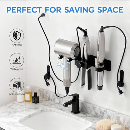 Hair Dryer Holder Wall Mount with Plug&Cord Organizer, Curling Iron Holder Flat Iron, 3-in-1 Bathroom Hair Tool Organizer and Storage, Straightener Holder, Metal Blow Dryer Holder Rack for Most Dryers