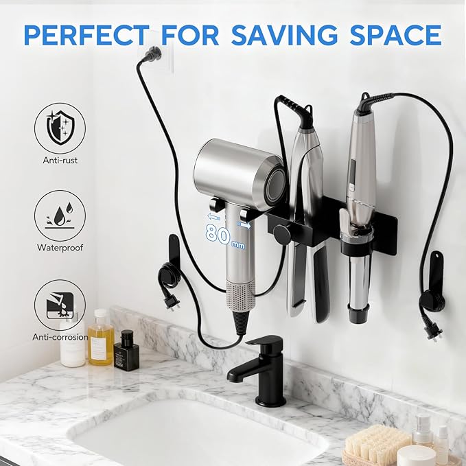Hair Dryer Holder Wall Mount with Plug&Cord Organizer, Curling Iron Holder Flat Iron, 3-in-1 Bathroom Hair Tool Organizer and Storage, Straightener Holder, Metal Blow Dryer Holder Rack for Most Dryers