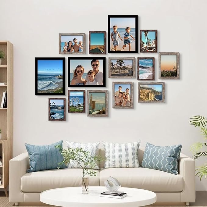 BESCRCL 15 Pack Real Glass Picture Frames Collage Wall Decor, Including 3pcs 8x10 Black, 6pcs 5x7 Light Brown, 6pcs 4x6 Brown, Photo Frames Set for Gallery Wall or Tabletop Display