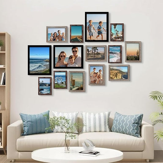 BESCRCL 15 Pack Real Glass Picture Frames Collage Wall Decor, Including 3pcs 8x10 Black, 6pcs 5x7 Light Brown, 6pcs 4x6 Brown, Photo Frames Set for Gallery Wall or Tabletop Display