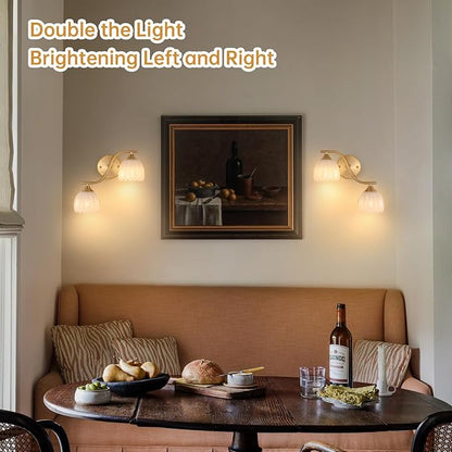 Battery Operated Wall Sconce, 2-Lights Vinatge Brass Wall Lighting with White Tluip Shade Rechargeable Bulb with Remote for Living Room, Bedroom，Symmetrical 2 Pack