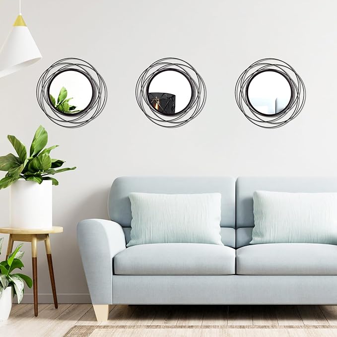 3 Set 9.5 Inch Black Circle Mirrors Wall Decor Iron Frame Wire Mirror Metal Circular Mirror Home Decor Hanging Mirrors for Room/Bedroom/Bathroom/Entryway
