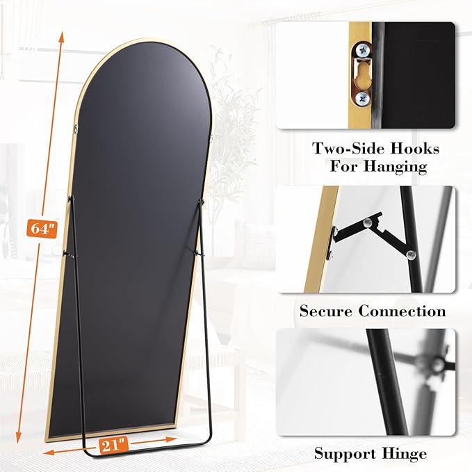 DUMOS Arched Full Length Mirror with Stand Floor Standing Aluminum Frame for Bedroom Body Hanging Leaning Modern Simple Home Decor Shatter-Proorf Nano Glass Wall Living Room Cloakroom Gold 59