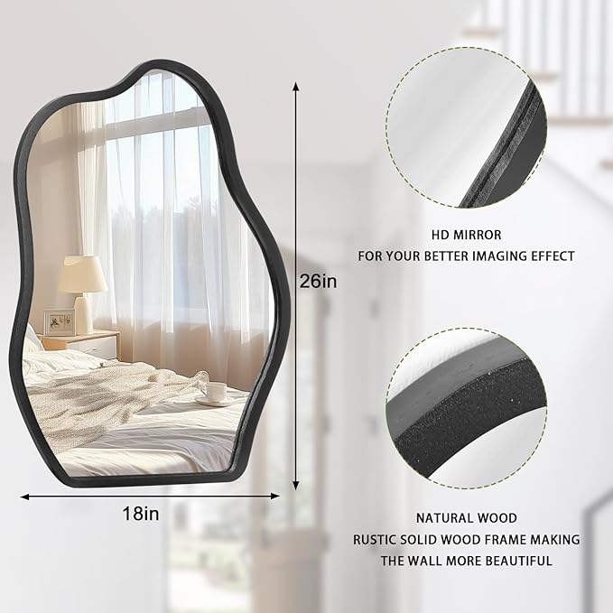 Wall Mirror Irregular Wavy Mirror Modern Wood Frame Mirror Unique Shape Asymmetrical Wall Vanity Artistic Mirror Decor for Living Room Bedroom Bathroom Entryway Hallway Black Large