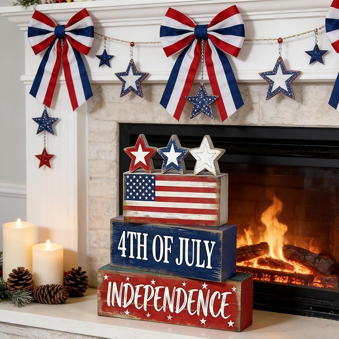 4th of July Table Decorations Patriotic Memorial Day Tiered Tray Decor Wooden American Flag Star Block Signs Independence Farmhouse 250th July Fouth Centerpiece for Tables Wooden Sign for Home Decor