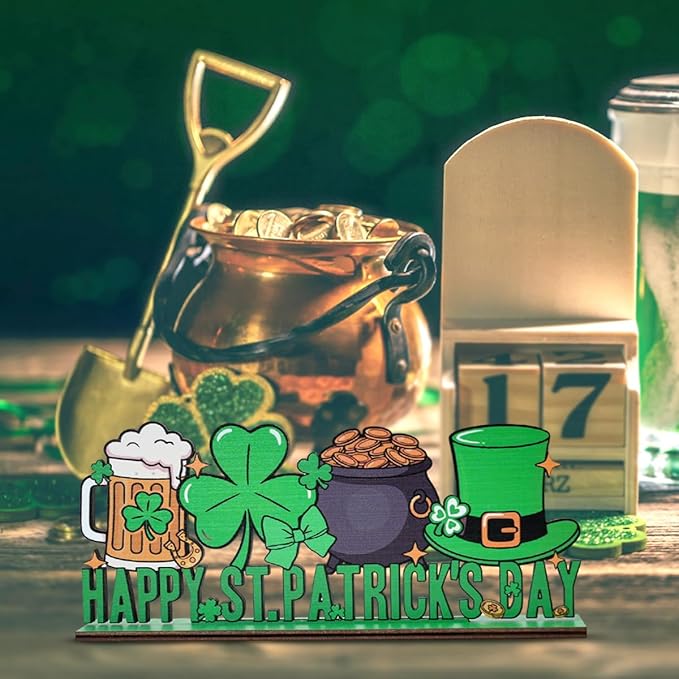 St Patricks Day Decor for Table Happy St Patrick's Day Coffees Bar Decoration Wooden Centerpieces Rustic Farmhouse Sign for Tabletop Home Shelf St Patricks Day Party Decoration Pink
