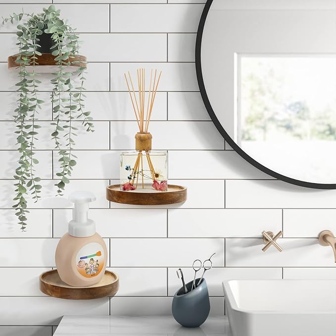 AceList 3-Pack Round Floating Shelves for Wall Decor, 6'' Diameter Acacia Wood Floating Shelf, Cup Plant Wall Shelves for Bedroom, Bedroom, Living Room, Bathroom, Kitchen, Western Decor