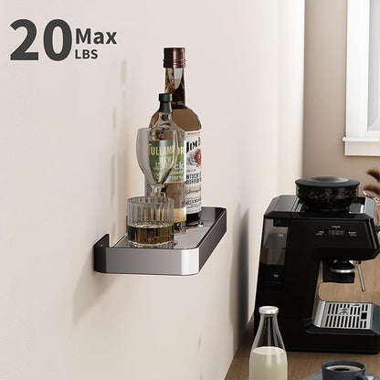 Danpoo 12-Inch Wall Shelf, Clear Tempered Glass with Matte Black Aluminum Frame – Versatile Floating Bathroom Organizer