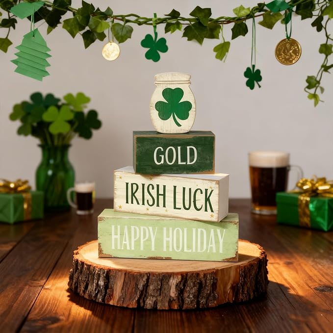 St. Patrick’s Day Decorations - St Patrick Day Irish Luck Tiered Tray Decor Set - Wooden Shamrock Tabletop Decoration - Rustic Farmhouse Holiday Home Decor for Indoor Shelf Mantel Coffee Table Gift