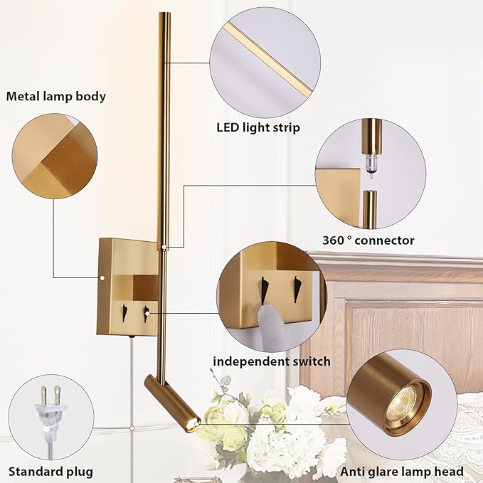 ZEROUNO Modern Plug in Wall Sconce Set of 2, Gold LED Wall Mounted Reading Lamp with Switch, Minimalist Linear Wall Light Fixture with 5.9FT Clear Cord for Bedroom Living Room Hallway Decor