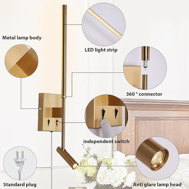 ZEROUNO Modern Plug in Wall Sconce Set of 2, Gold LED Wall Mounted Reading Lamp with Switch, Minimalist Linear Wall Light Fixture with 5.9FT Clear Cord for Bedroom Living Room Hallway Decor