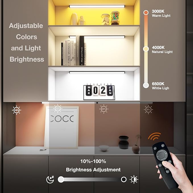 Under Cabinet Lighting Wireless with Remote,Rechargeable Battery Operated Closet Lights,3 Color Magnetic Dimmable led Strip Lights,Under Counter Lights for Kitchen,Shelf,Bedroom (Black-2PCS, 60cm)