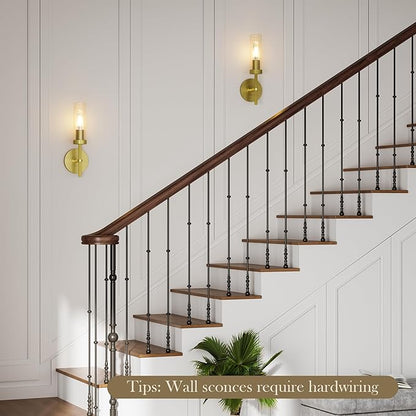 Wall Sconces Set of 2 (with 2 Bulbs), Modern Bathroom Wall Sconces Lighting with Thickened Glass, Hardwired Wall Mount Light Fixtures for Bathroom, Bedroom, Hallway, Living Room(Gold)