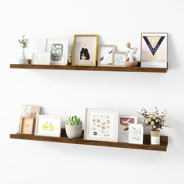 Picture Ledge Shelf, Wood Floating Shelves Set of 2, 36 inch Picture Ledge Shelves, Photo Ledge Nursery Book Shelves Wall Mounted for Living Room Kids' Room Bedroom, Color Walnut