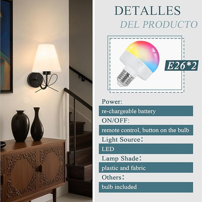 ADISUN Modern Wall Sconce Set of Two, Battery Operated Wall Sconce Remote Control Dimmable Wall Lamp Wireless Sconces for Living Room Bathroom Dining Room Corridor Staircase (2 Bulbs Included)