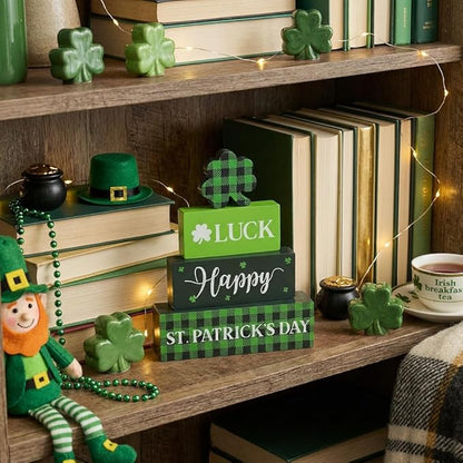 St. Patrick's Day Decorations, 4 Pcs Wooden St. Patrick's Day Table Decorations, Shamrock Tiered Tray Decor, Wooden Table Sign for Desk Shelf Mantel Centerpiece, Indoor Home Decor