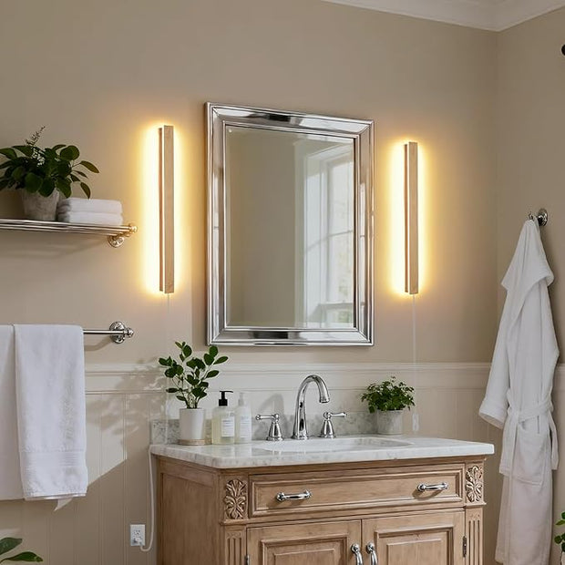 Modern Plug in Wall Sconces, 23.6 inch Faux Wood Texture Finish LED Long Wall Lights, 12W Warm White 3000K Acrylic Indoor Wall lamp,with 59" Plug Cable for Bedroom, Living Room, Bathroom, Hallway